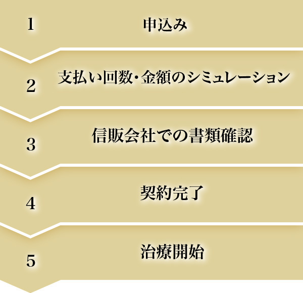 申込み 支払い回数・金額のシュミレーション 信販会社での書類確認 契約完了 治療開始